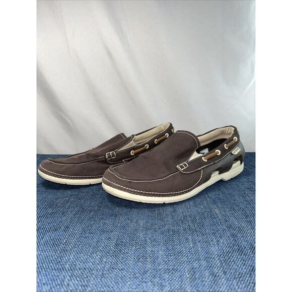 Crocs Shoes Mens Size 9 Brown Beach Line Canvas Slip Ons - Picture 3 of 12